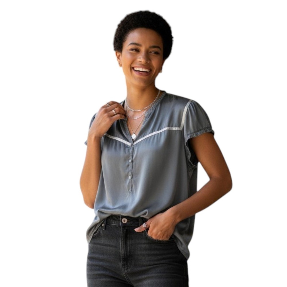 Gap Vintage Y2K 100% Silk‎ Short Flutter Sleeve Blouse Gray Silver Old Money XL